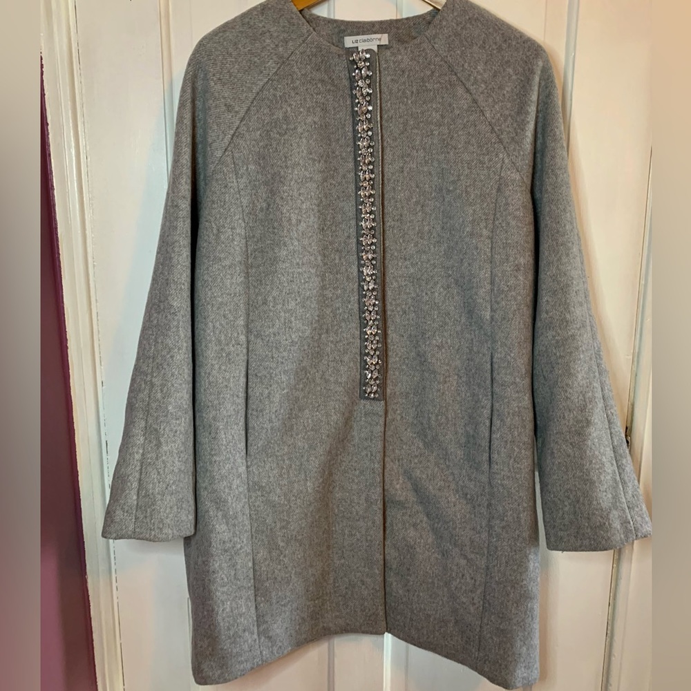 Jewel Front Grey Wool Blend Coat - Large